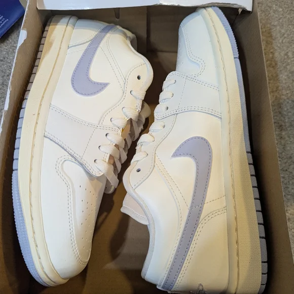 Nike Air Jordan 1 Low-Top Sneakers in White with Light Lavender Swoosh - Picture 4 of 5